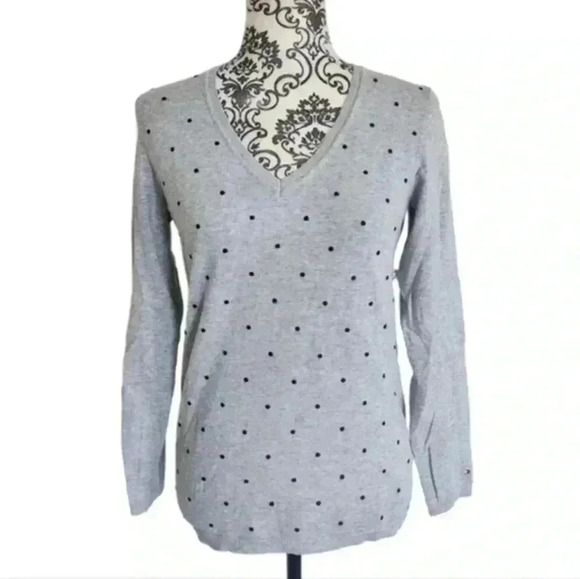 Tommy Hilfiger Sweater Grey Black Polkadot  Cotton V Neck Fitted Women's Small - Picture 2 of 9